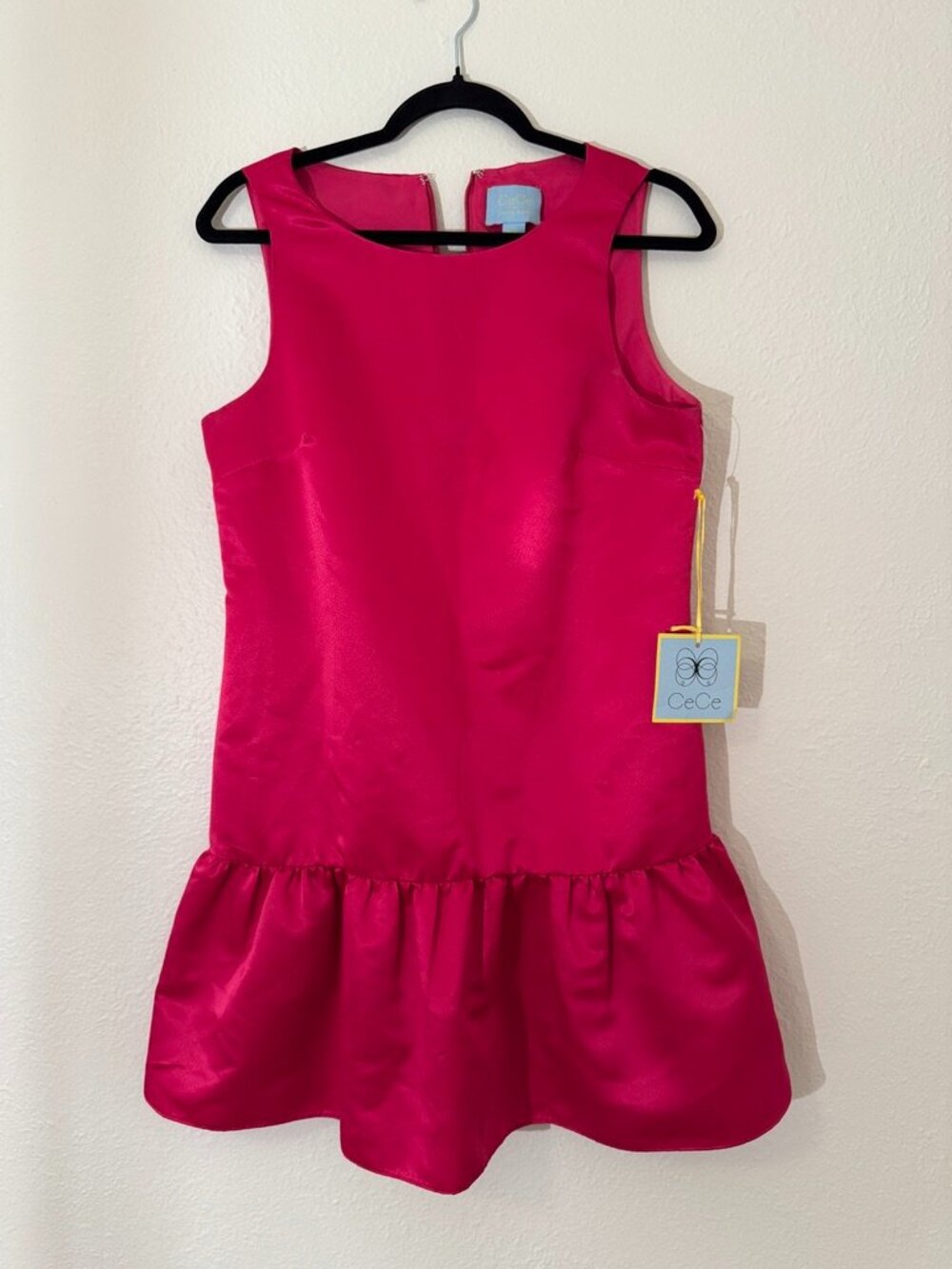 Cece Fuschia Satin Sleeveless Sheath MIni Dress Drop Waist Ruffle Hem Size 8 - Picture 2 of 14